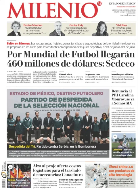 Portada de Milenio Edo de Mexico del miércoles, 15 de abril de 2026