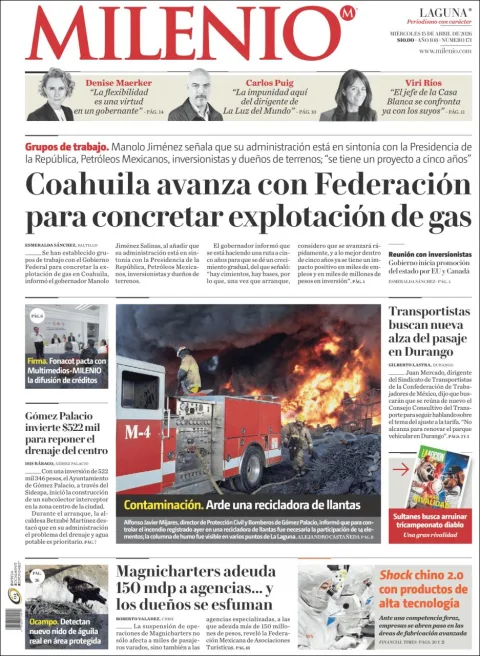 Portada de Milenio Laguna del miércoles, 15 de abril de 2026