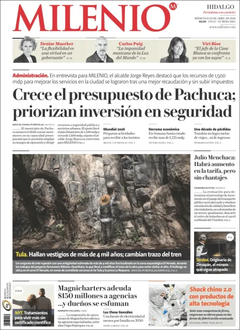 Portada de Milenio Hidalgo del miércoles, 15 de abril de 2026