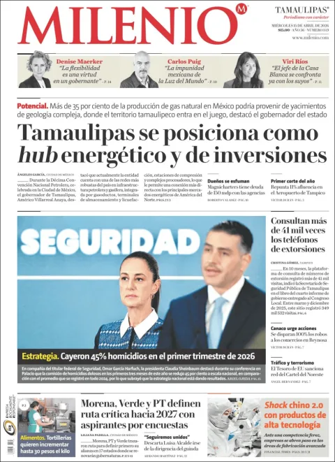 Portada de Milenio Tamaulipas del miércoles, 15 de abril de 2026
