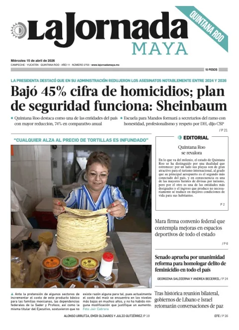 Portada de La Jornada Maya Quintana Roo del miércoles, 15 de abril de 2026
