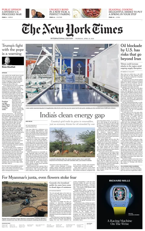 Portada de The New York Times (international) del jueves, 16 de abril de 2026
