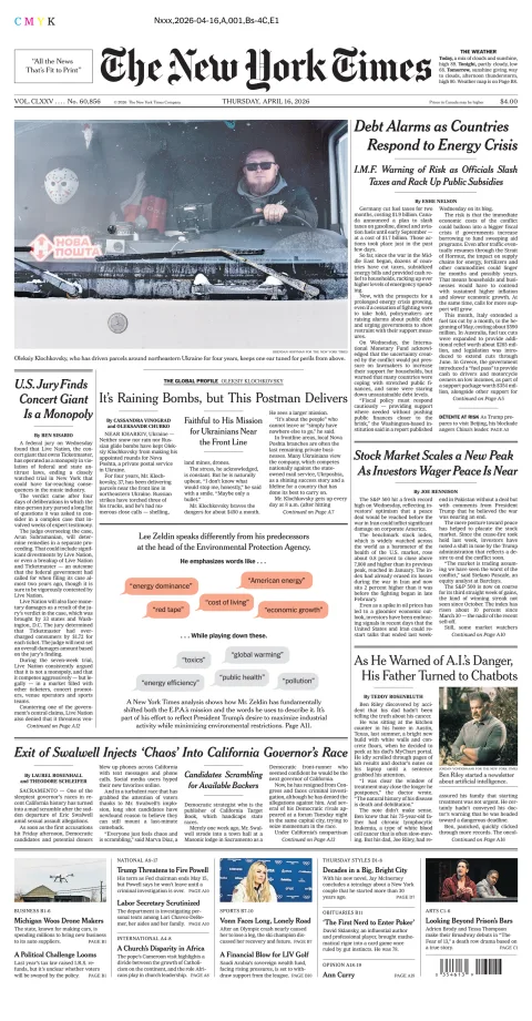 Portada de The New York Times (new York) del jueves, 16 de abril de 2026