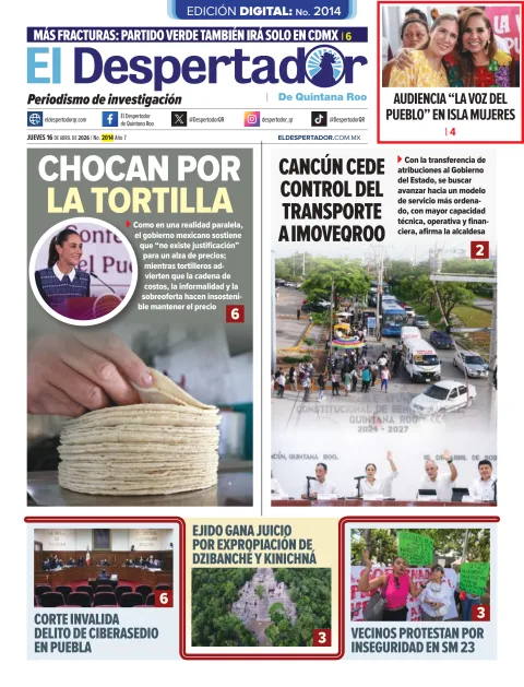Portada de El Despertador de Quintana Roo del jueves, 16 de abril de 2026