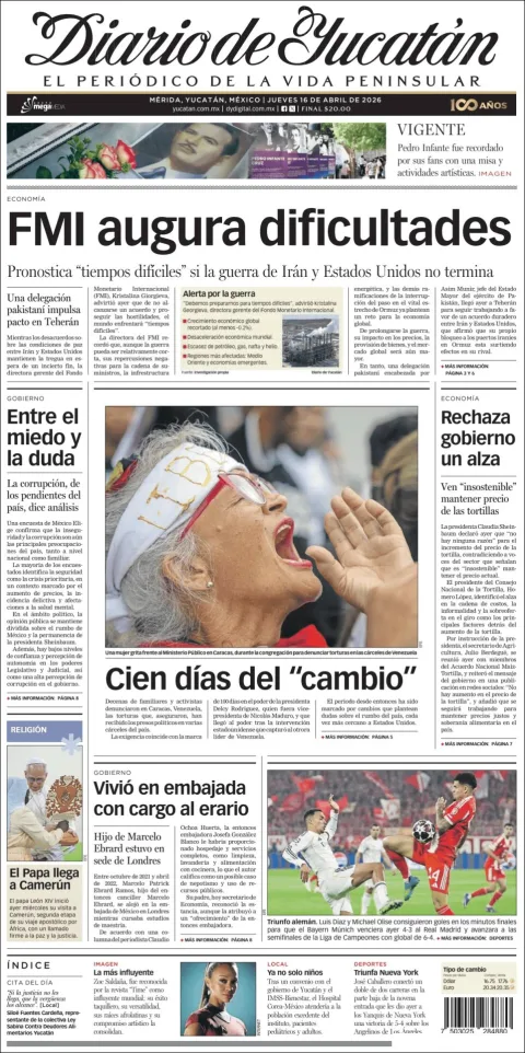 Portada de Diario de Yucatán del jueves, 16 de abril de 2026