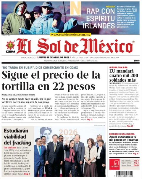 Portada de El Sol de Mexico del jueves, 16 de abril de 2026
