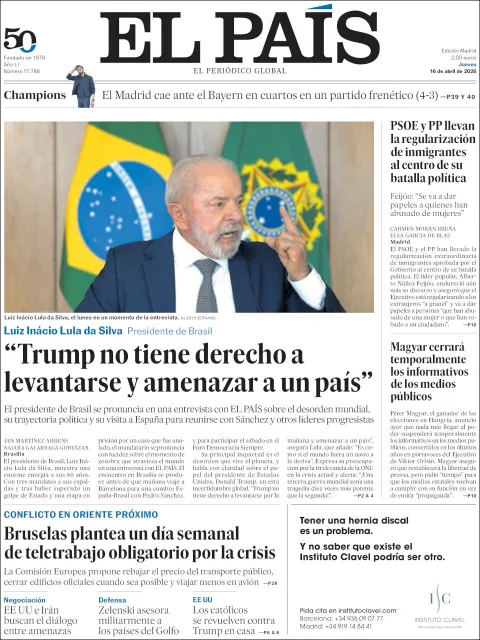 Portada de El Pais del jueves, 16 de abril de 2026
