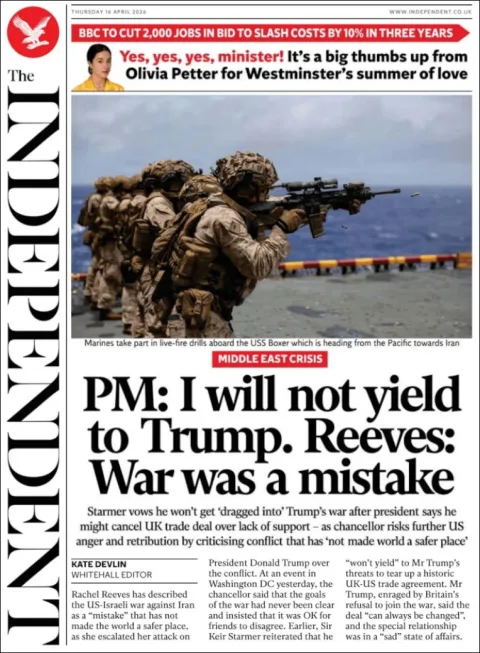 Portada de The Independent del jueves, 16 de abril de 2026