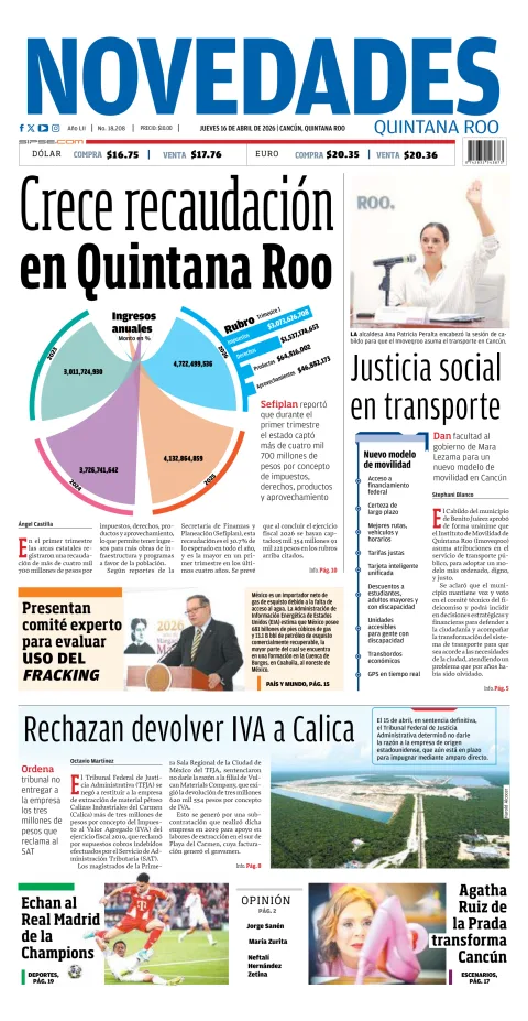 Portada de Novedades Quintana Roo del jueves, 16 de abril de 2026