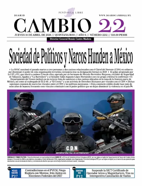 Portada de Diario Cambio 22 (portada) del jueves, 16 de abril de 2026