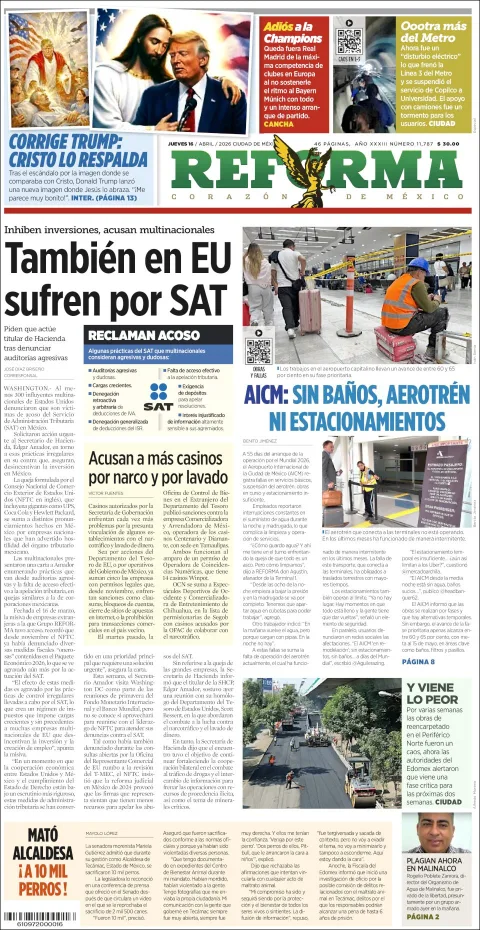 Portada de Reforma del jueves, 16 de abril de 2026