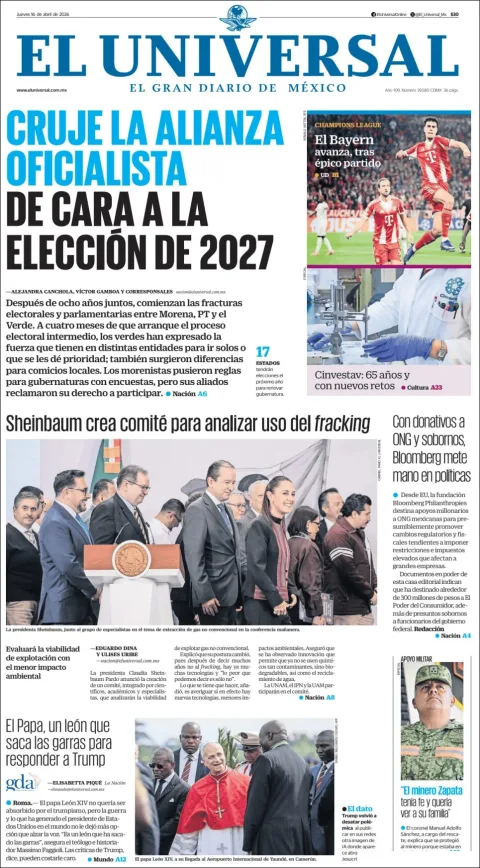 Portada de El Universal del jueves, 16 de abril de 2026