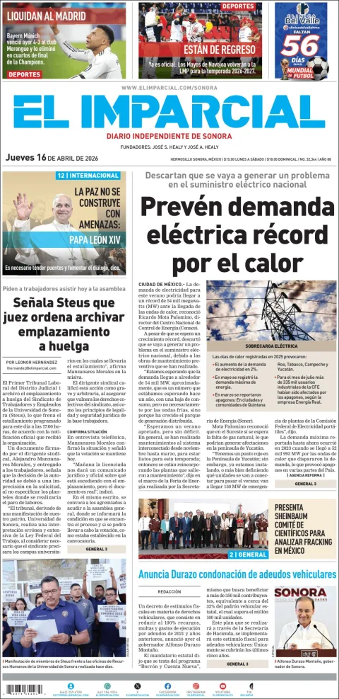 Portada de El Imparcial del jueves, 16 de abril de 2026