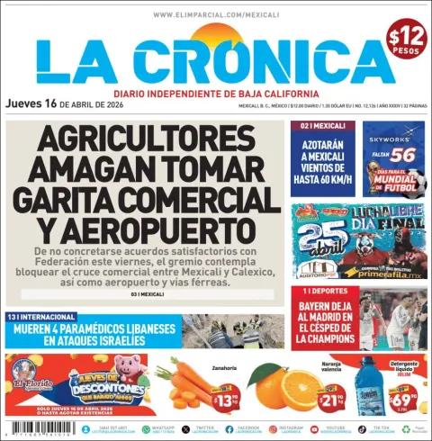 Portada de La Cronica del jueves, 16 de abril de 2026