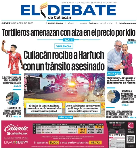 Portada de El Debate de Culiacan del jueves, 16 de abril de 2026