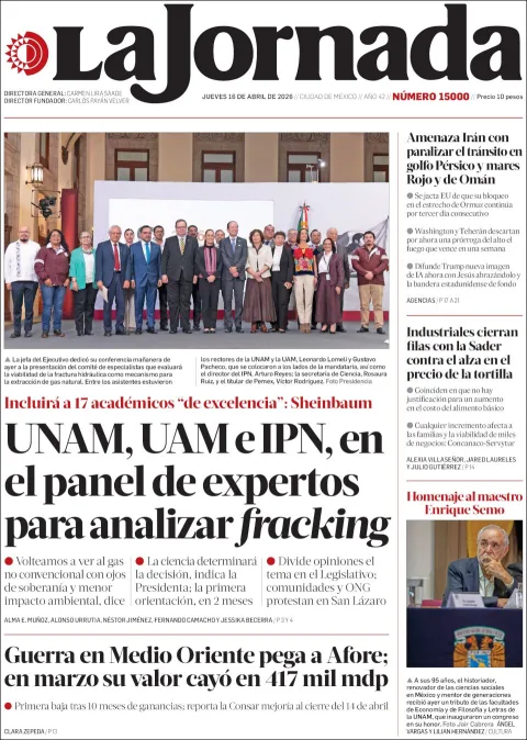 Portada de La Jornada del jueves, 16 de abril de 2026
