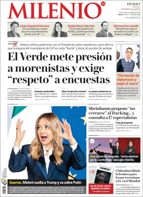 Portada de Milenio del jueves, 16 de abril de 2026