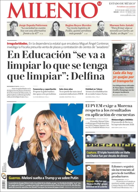 Portada de Milenio Edo de Mexico del jueves, 16 de abril de 2026