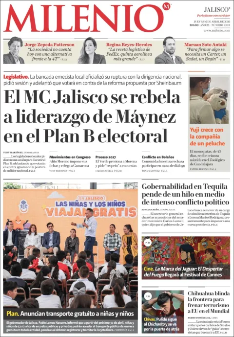 Portada de Milenio Jalisco del jueves, 16 de abril de 2026