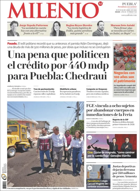 Portada de Milenio Puebla del jueves, 16 de abril de 2026