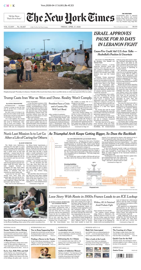 Portada de The New York Times (national) del viernes, 17 de abril de 2026