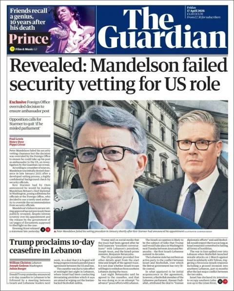 Portada de The Guardian (reino Unido) del 2026-04-17