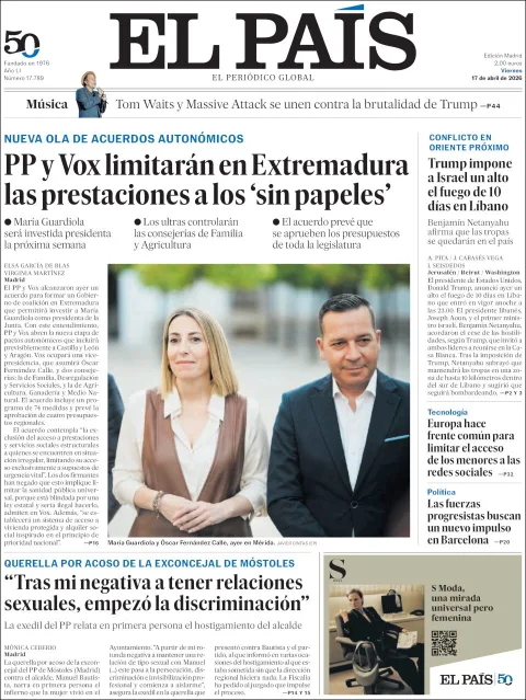Portada de El Pais del viernes, 17 de abril de 2026