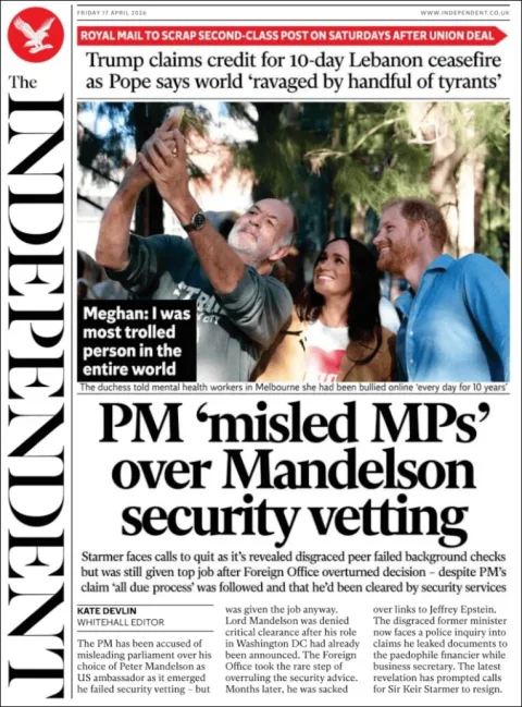 Portada de The Independent del viernes, 17 de abril de 2026