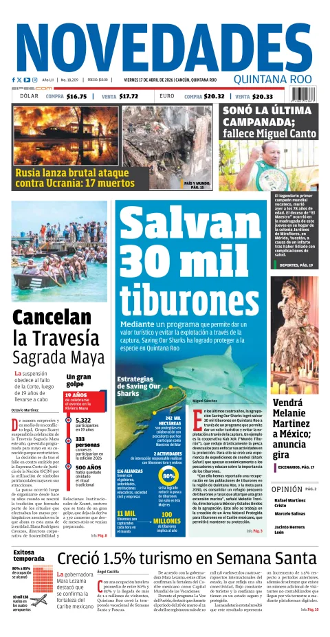 Portada de Novedades Quintana Roo del viernes, 17 de abril de 2026