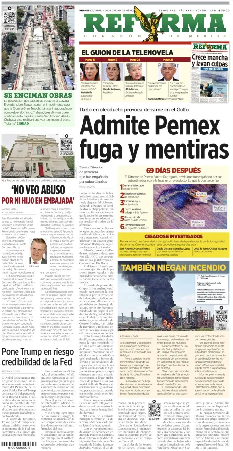 Portada de Reforma del viernes, 17 de abril de 2026