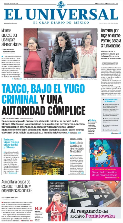 Portada de El Universal del viernes, 17 de abril de 2026