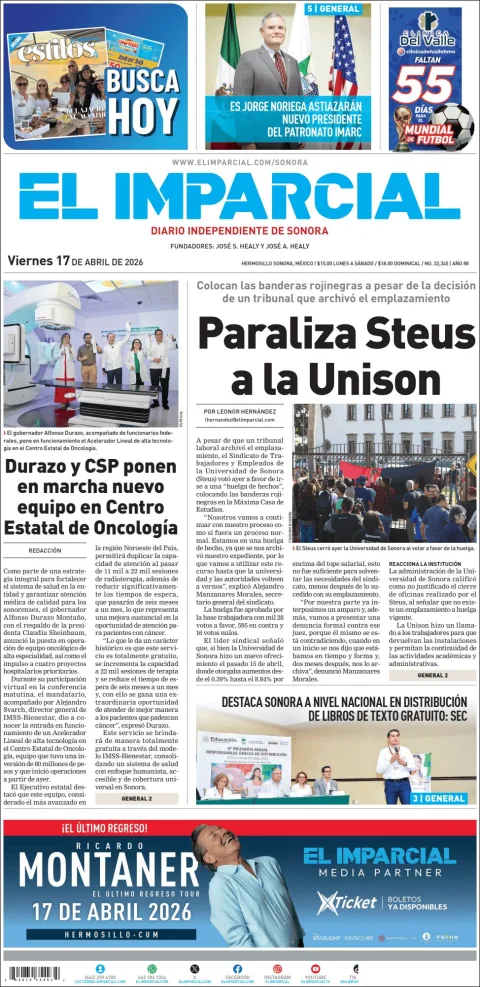 Portada de El Imparcial del viernes, 17 de abril de 2026