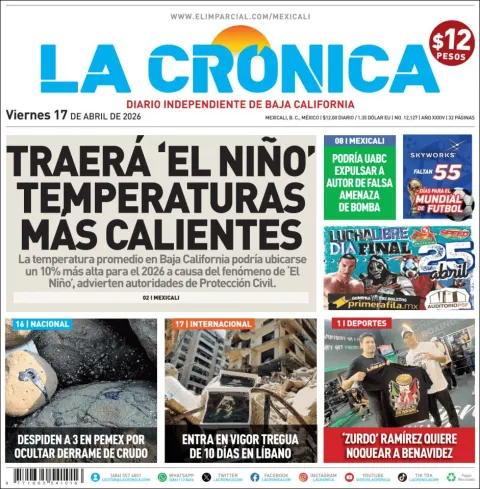 Portada de La Cronica del viernes, 17 de abril de 2026