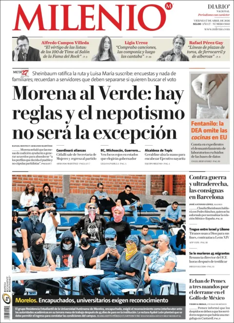Portada de Milenio del viernes, 17 de abril de 2026