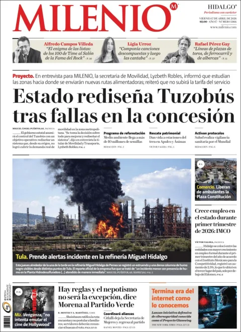 Portada de Milenio Hidalgo del viernes, 17 de abril de 2026