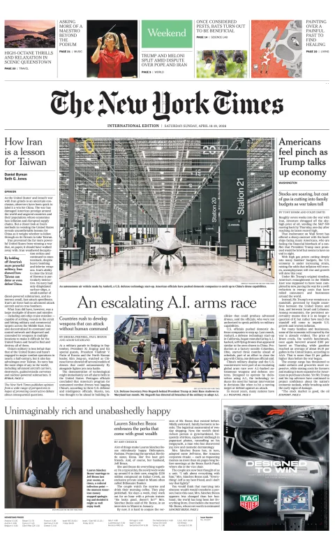 Portada de The New York Times (international) del sábado, 18 de abril de 2026