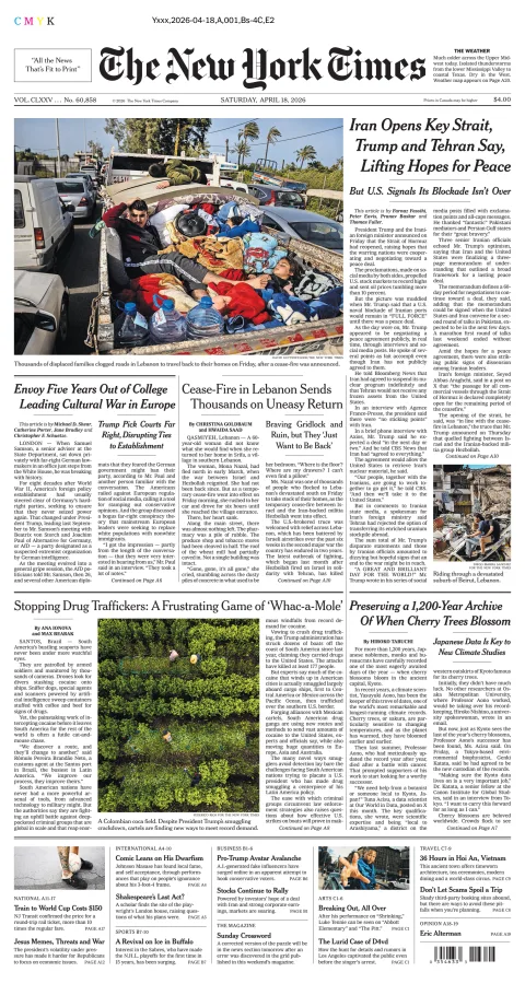 Portada de The New York Times (national) del sábado, 18 de abril de 2026