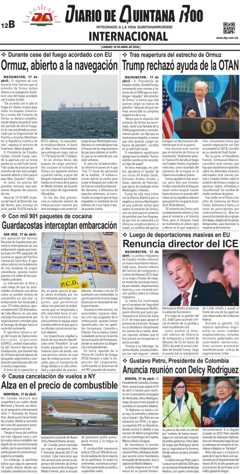 Portada de Diario de Quintana Roo (contra Portada) del sábado, 18 de abril de 2026