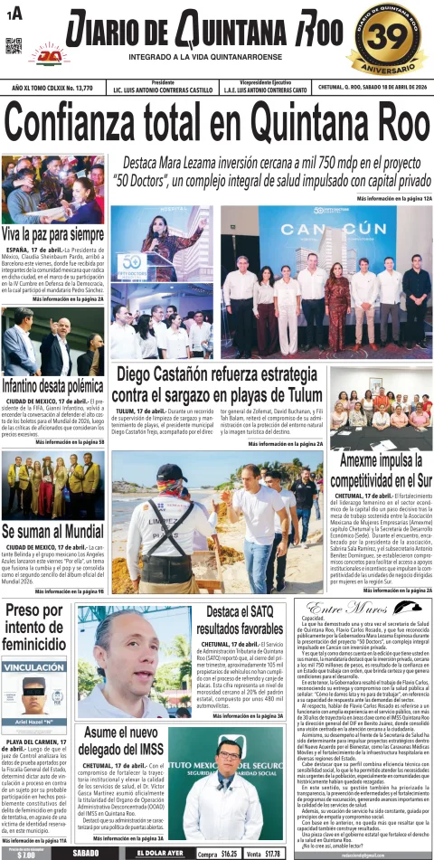 Portada de Diario de Quintana Roo (portada) del sábado, 18 de abril de 2026
