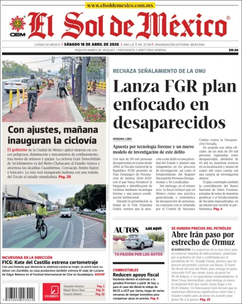 Portada de El Sol de Mexico del sábado, 18 de abril de 2026