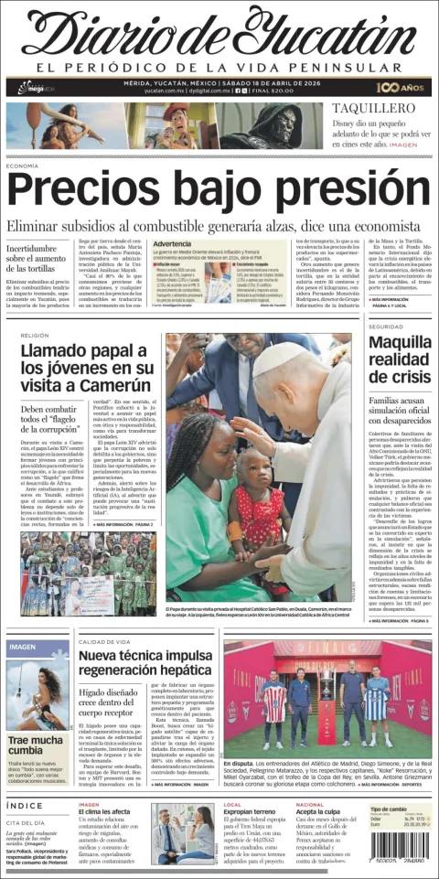 Portada de Diario de Yucatán del sábado, 18 de abril de 2026