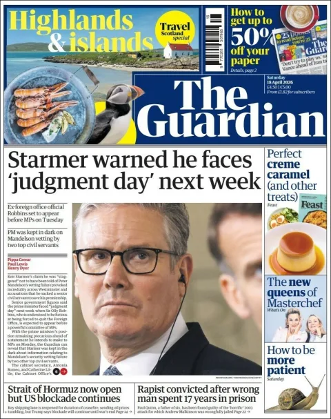 Portada de The Guardian (reino Unido) del 2026-04-18