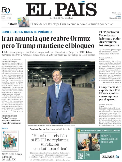 Portada de El Pais del sábado, 18 de abril de 2026