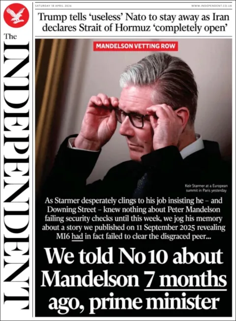 Portada de The Independent del sábado, 18 de abril de 2026