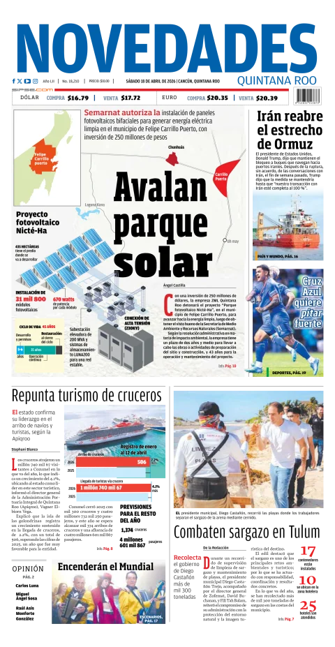 Portada de Novedades Quintana Roo del sábado, 18 de abril de 2026