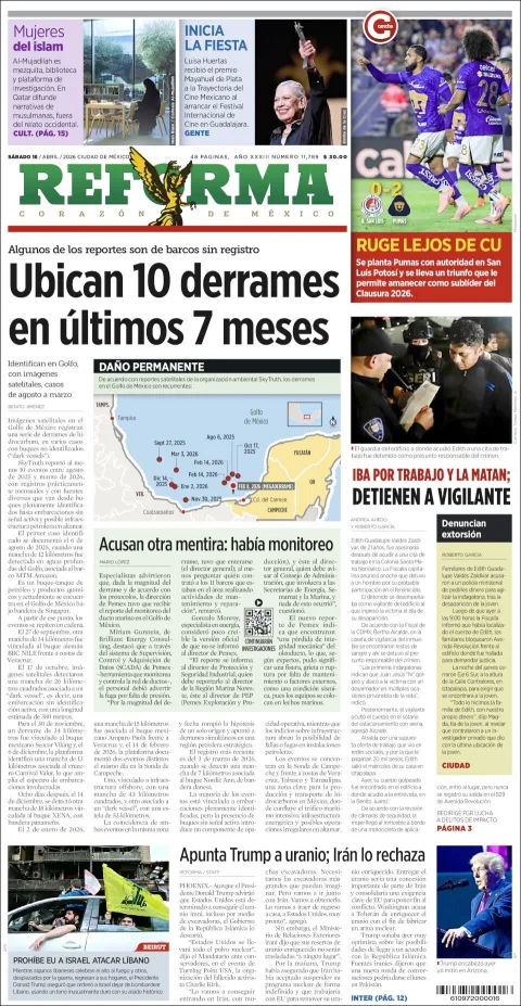 Portada de Reforma del sábado, 18 de abril de 2026