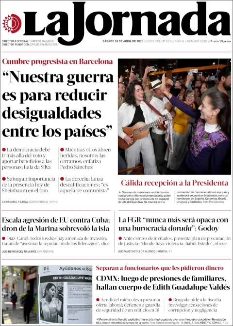 Portada de La Jornada del sábado, 18 de abril de 2026