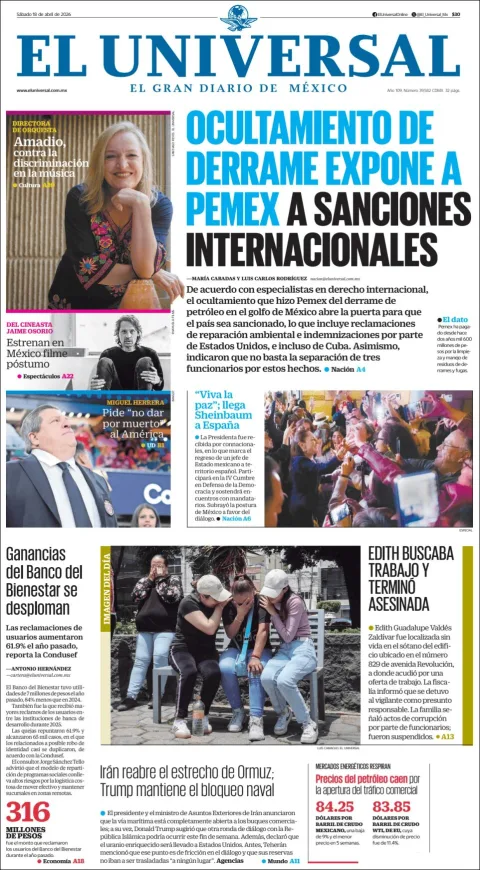 Portada de El Universal del sábado, 18 de abril de 2026
