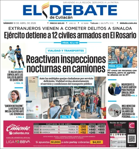 Portada de El Debate de Culiacan del sábado, 18 de abril de 2026