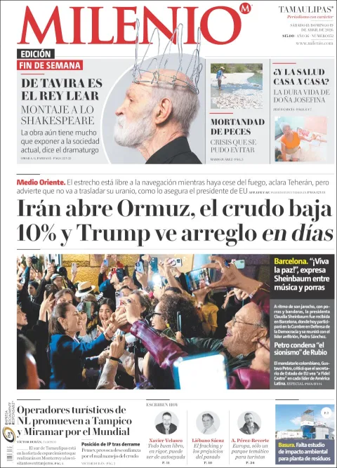 Portada de Milenio Tamaulipas del sábado, 18 de abril de 2026